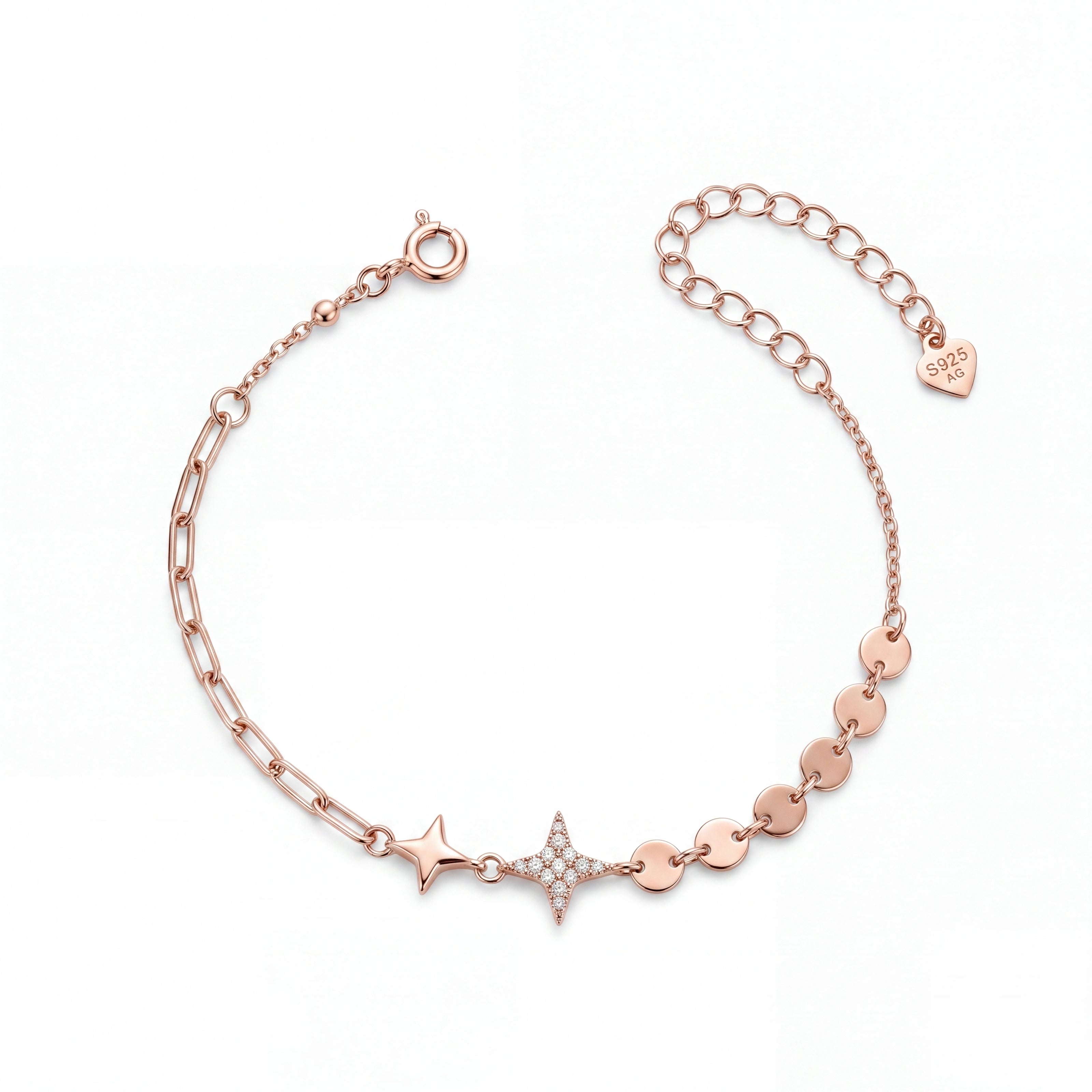 Rose gold 925 sterling silver star charm bracelet for women