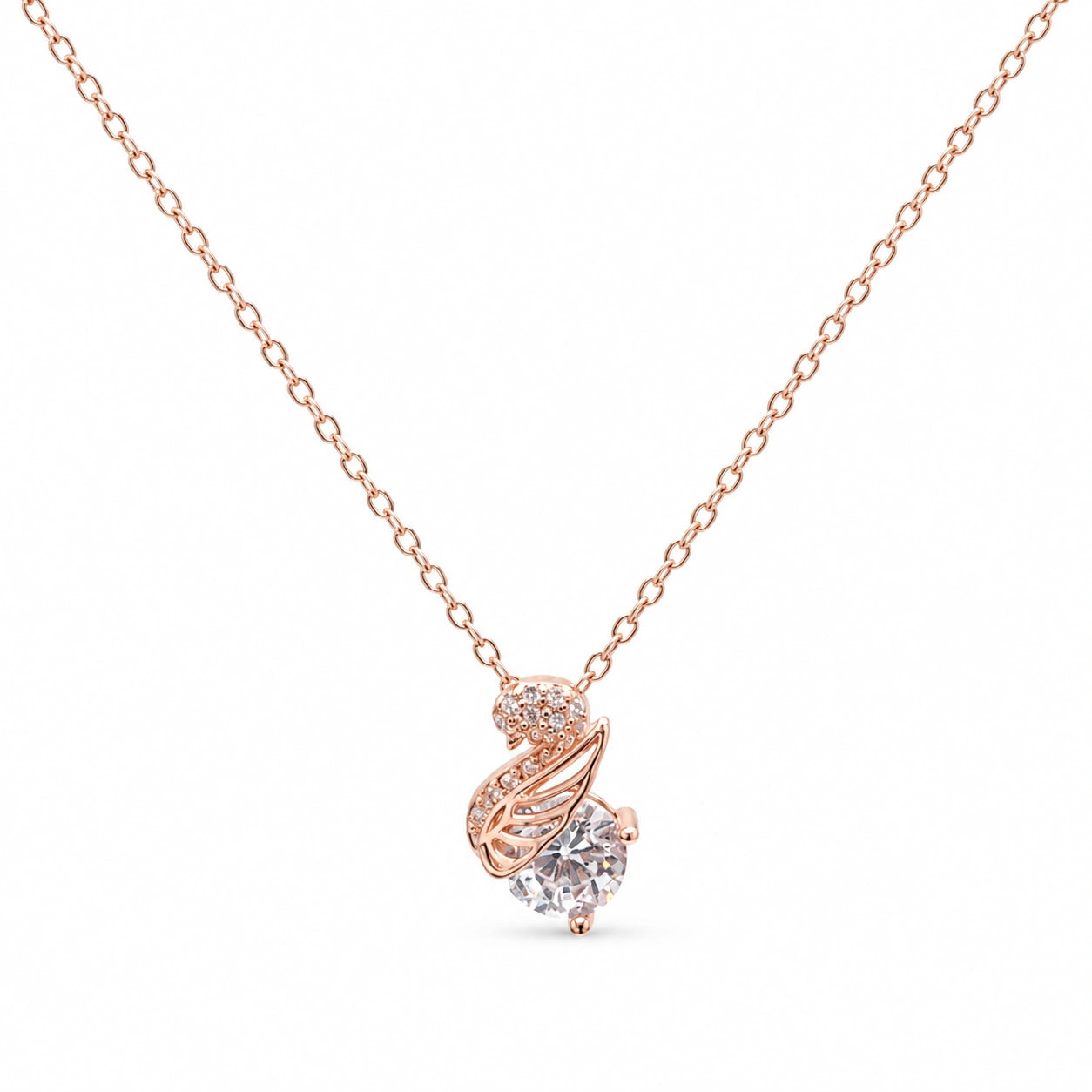Rose Gold Swan Drop White Stone 925 Sterling Silver Pendant Chain for Women