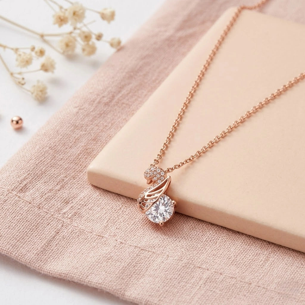 Rose Gold Swan Drop White Stone 925 Sterling Silver Pendant Chain for Women