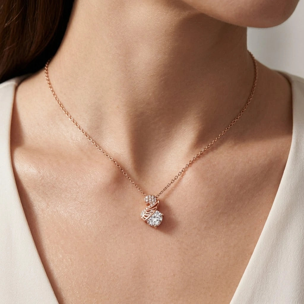 Rose Gold Swan Drop White Stone 925 Sterling Silver Pendant Chain for Women