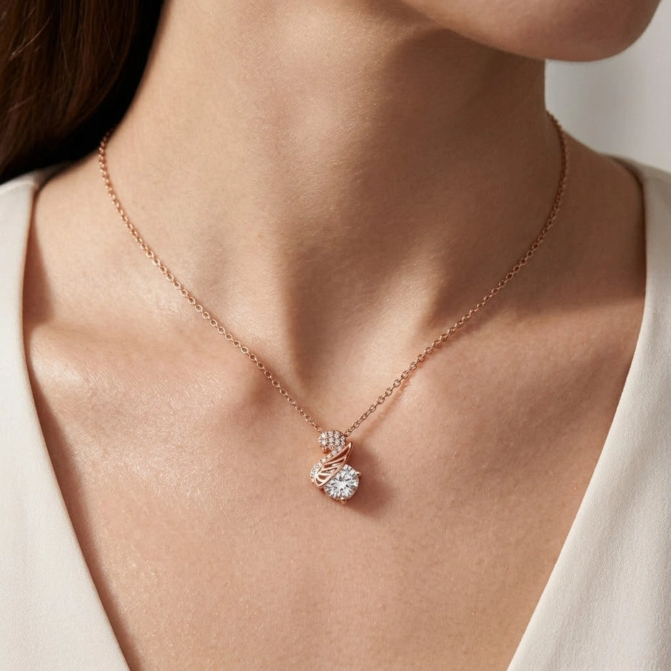 Rose Gold Swan Drop White Stone 925 Sterling Silver Pendant Chain for Women
