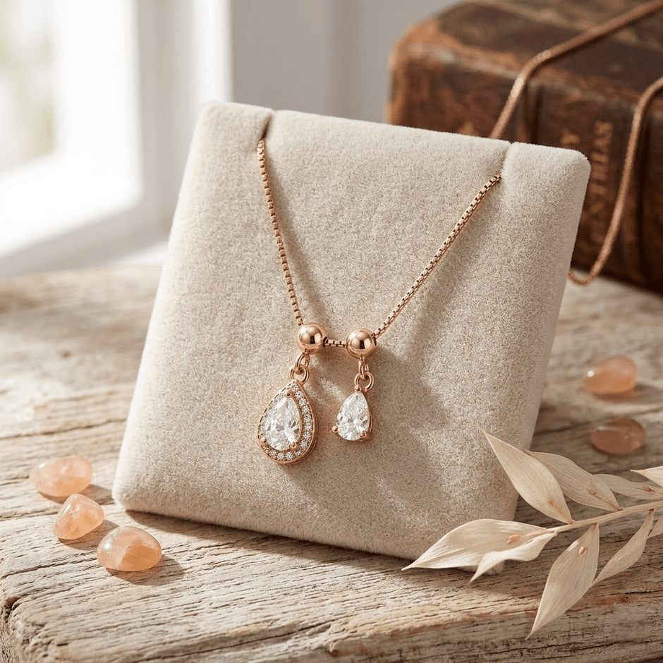 Rose Gold Teardrop CZ 925 Sterling Silver Pendant Chain for Women