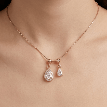 925 Sterling Silver Rose Gold Teardrop CZ Pendant Necklace for Women with Pear Cut Cubic Zirconia