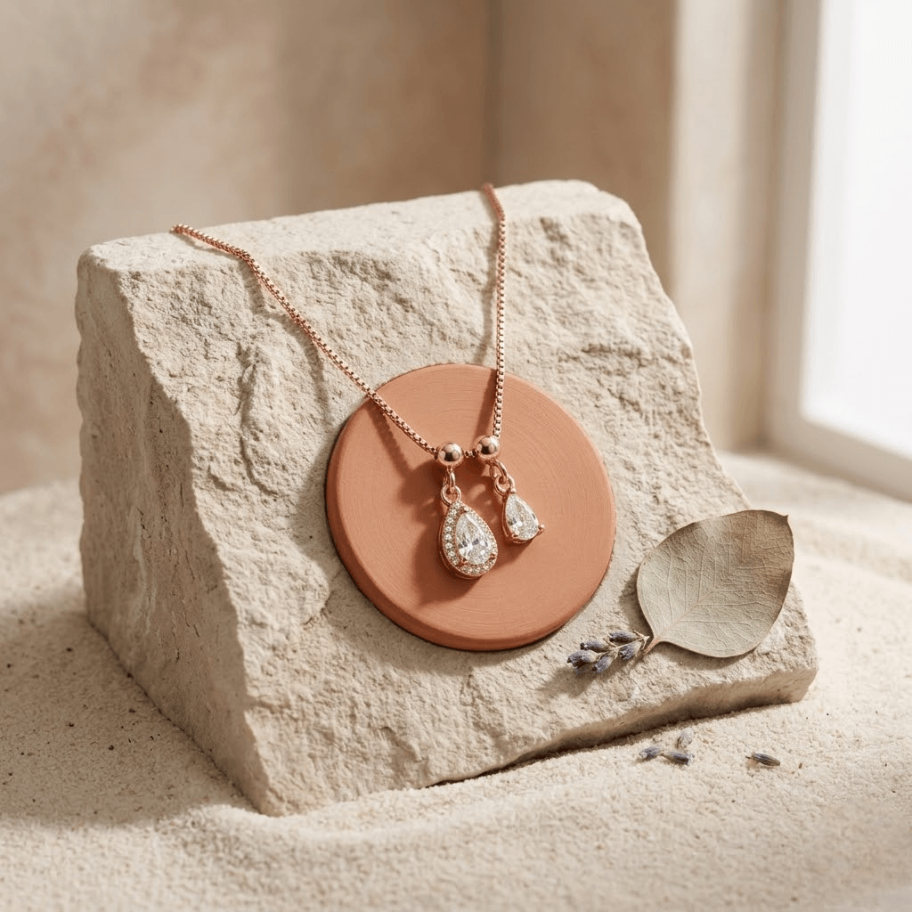 Rose Gold Teardrop CZ 925 Sterling Silver Pendant Chain for Women
