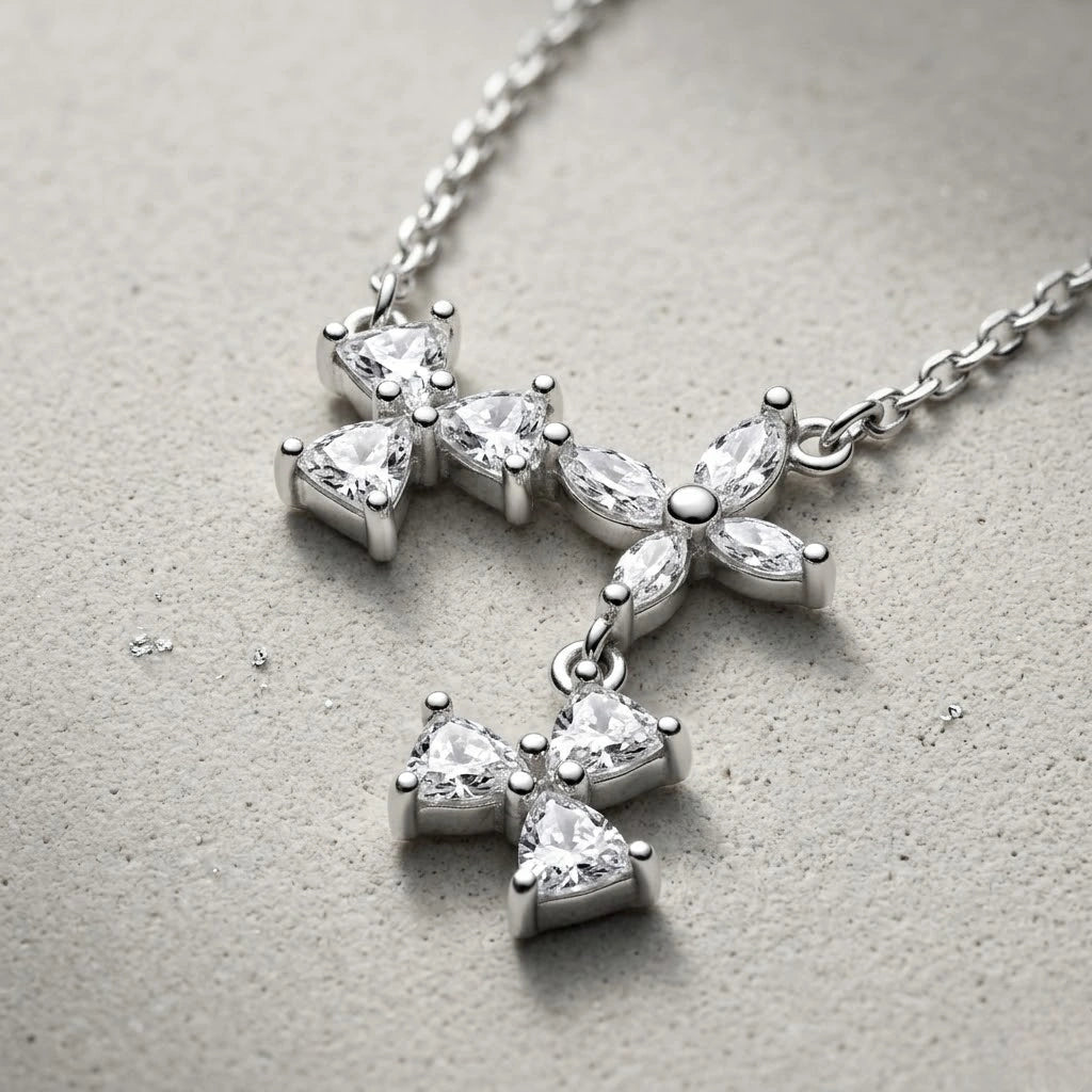 Silver Triple Flower CZ 925 Sterling Silver Pendant Chain for Women