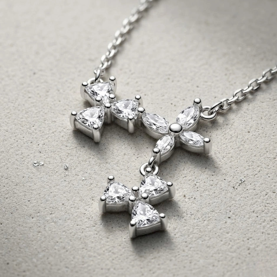 Silver Triple Flower CZ 925 Sterling Silver Pendant Chain for Women