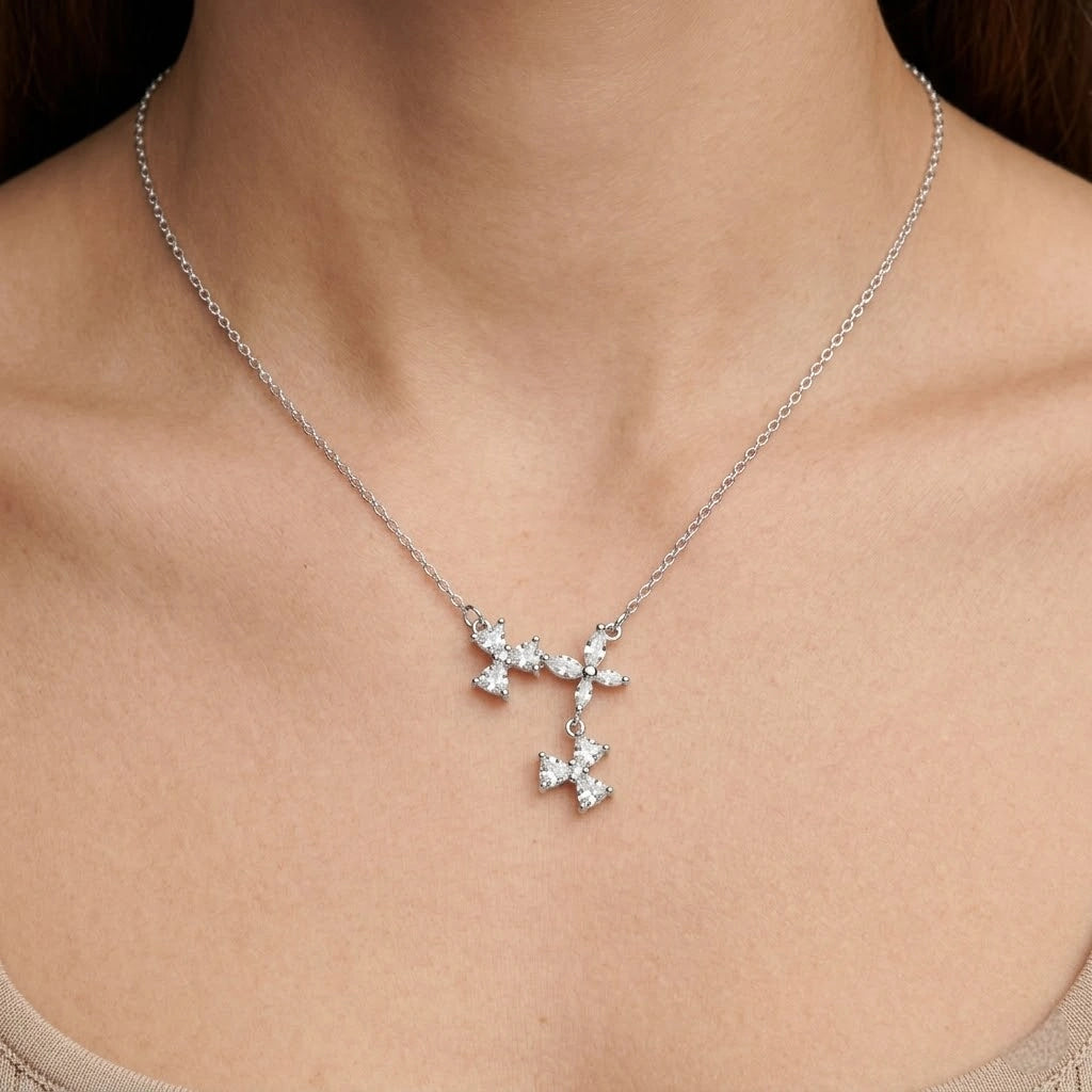 Silver Triple Flower CZ 925 Sterling Silver Pendant Chain for Women