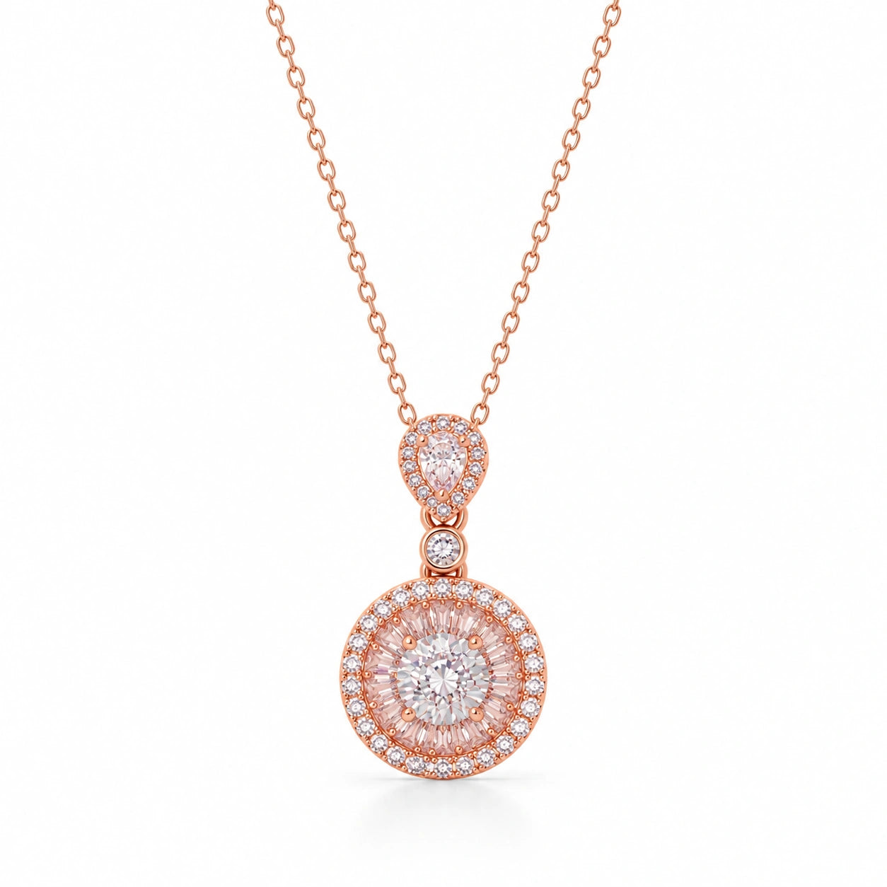 Rose Gold Triple Round & Drop Pendant 925 Sterling Silver Chain for Women
