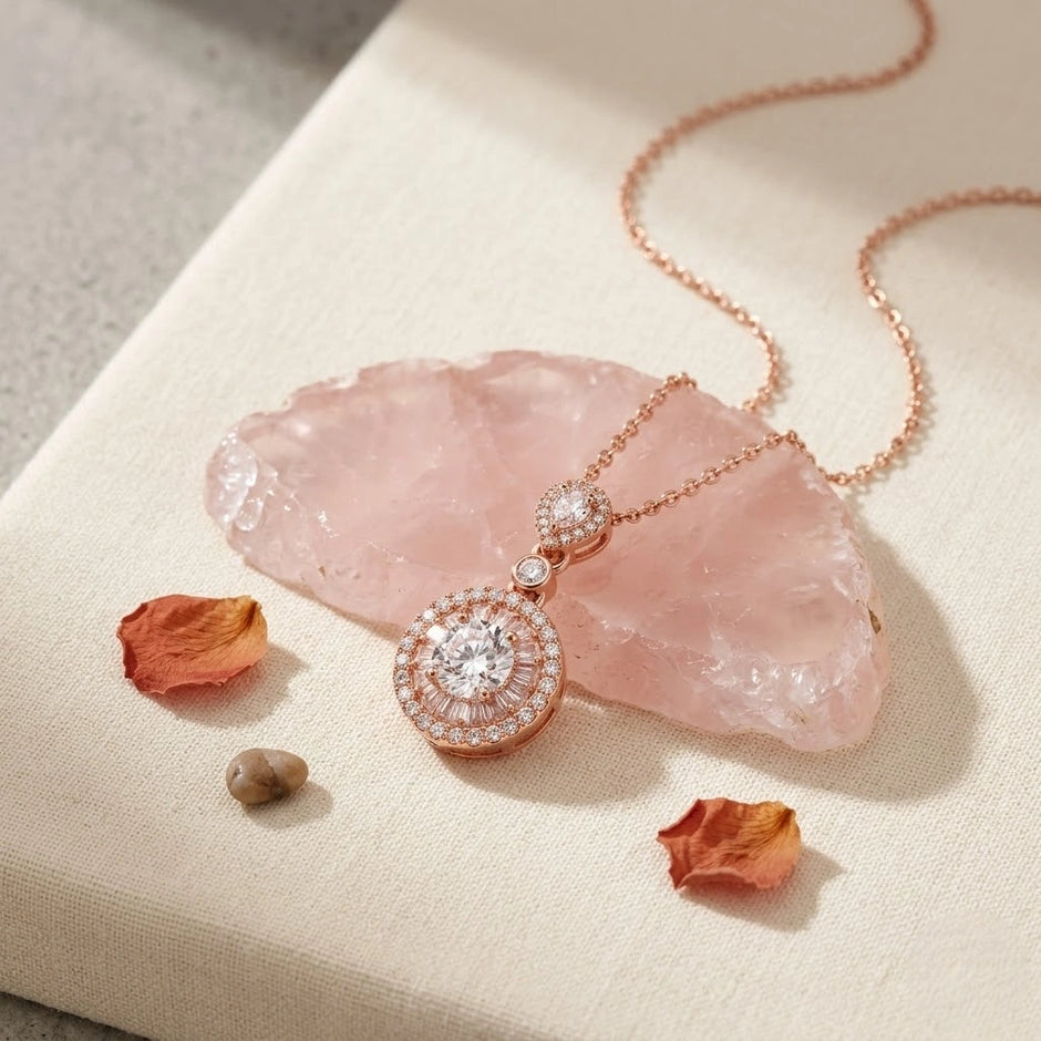 Rose Gold Triple Round & Drop Pendant 925 Sterling Silver Chain for Women