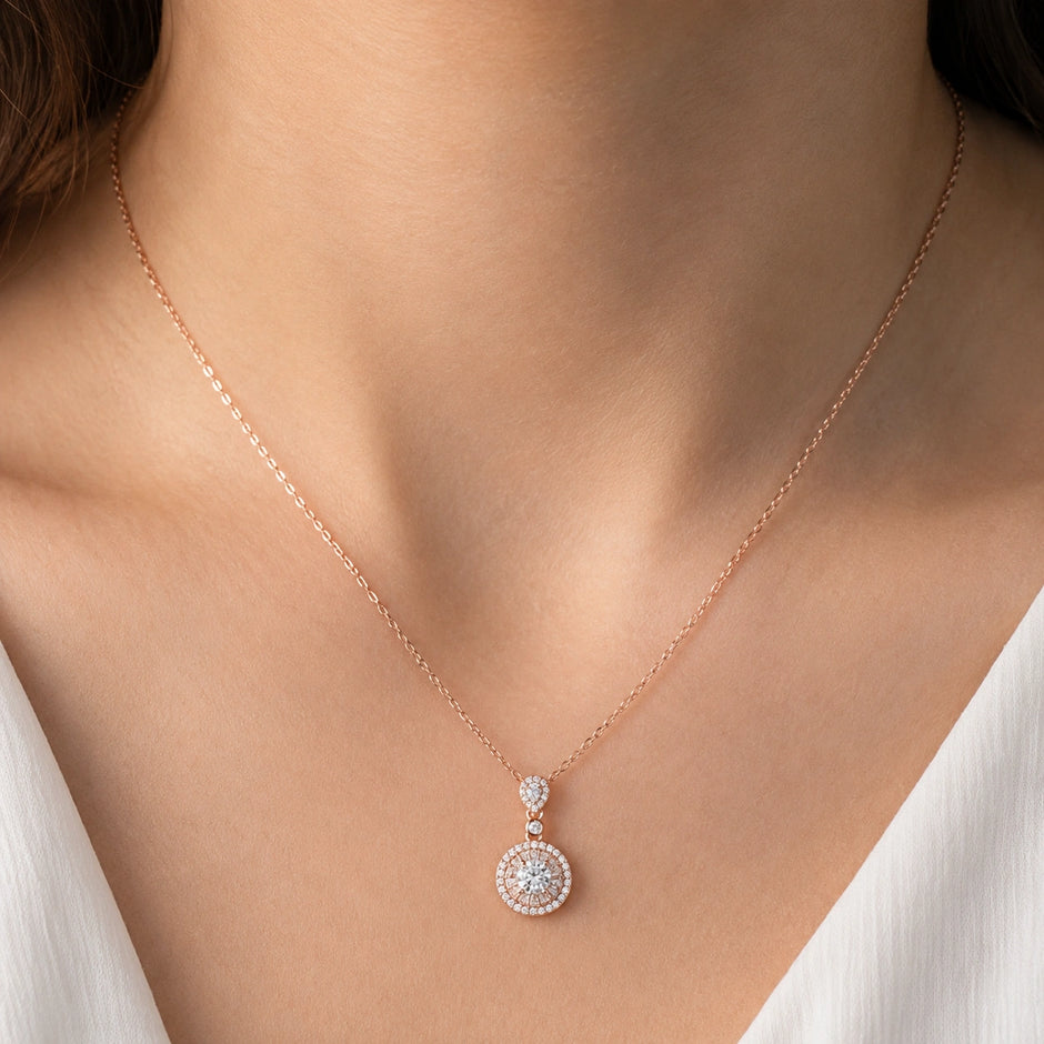 Rose Gold Triple Round & Drop Pendant 925 Sterling Silver Chain for Women
