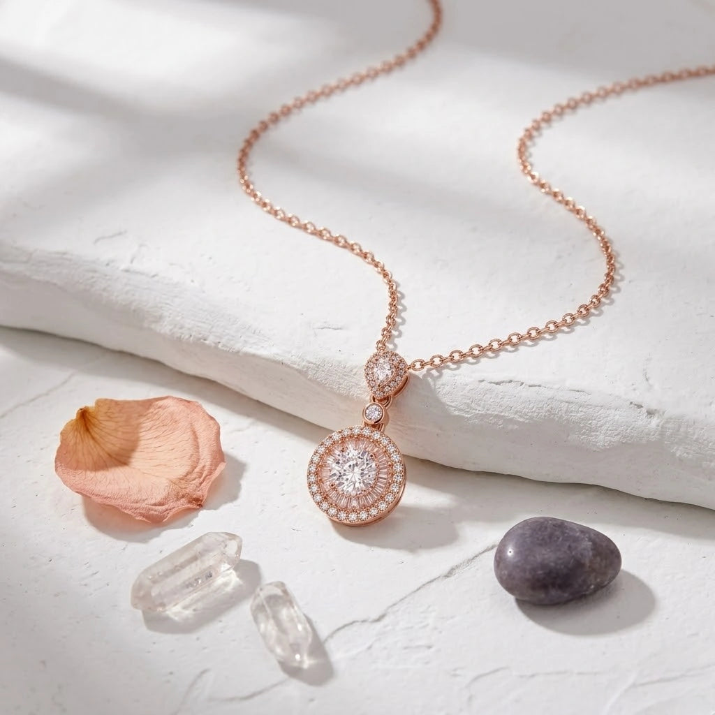 Rose Gold Triple Round & Drop Pendant 925 Sterling Silver Chain for Women