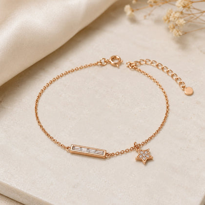Rose gold 925 sterling silver bar star charm bracelet for women