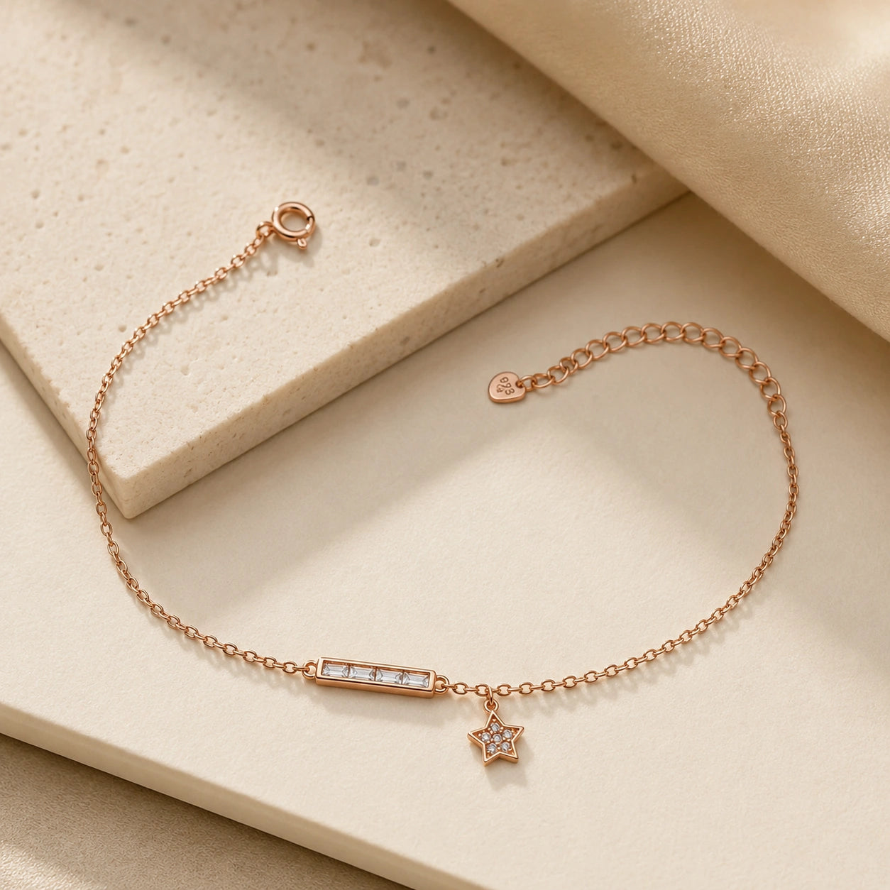 Rose gold 925 sterling silver bar star charm bracelet for women