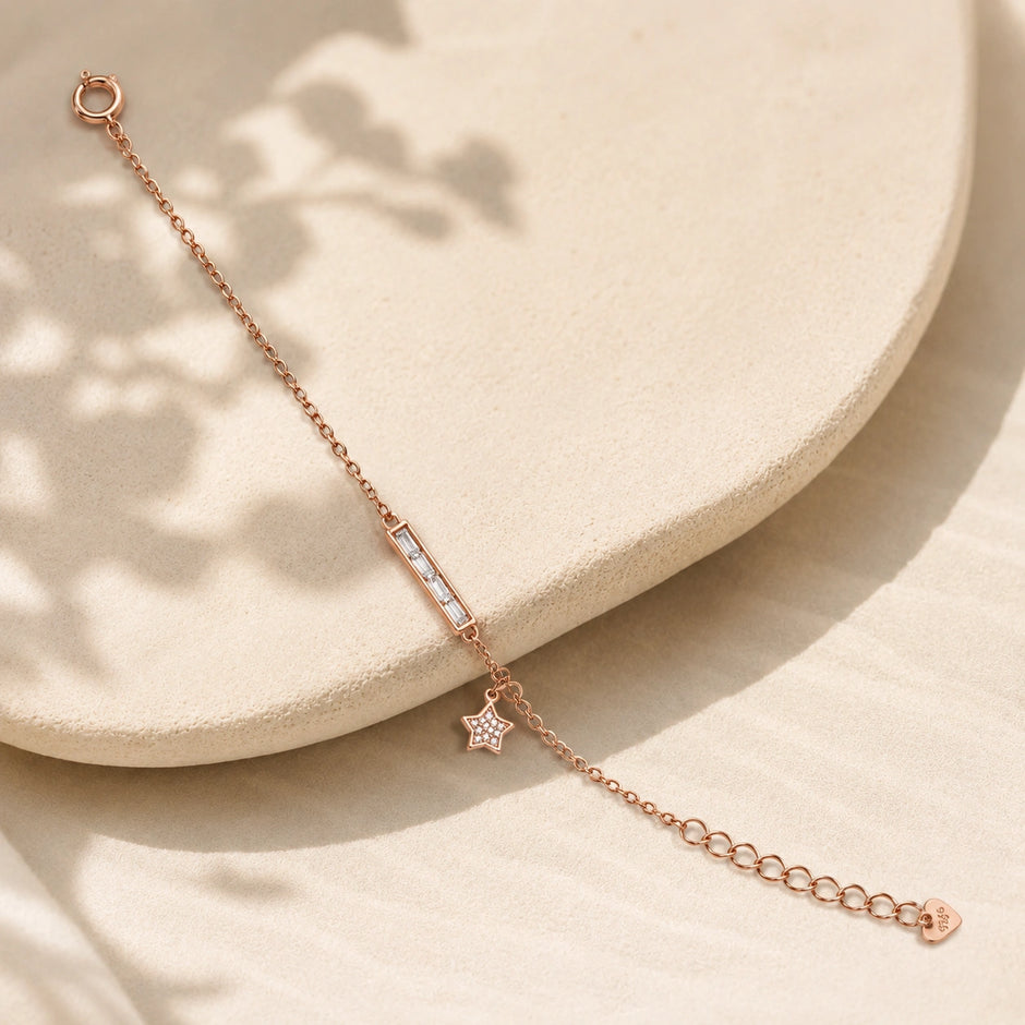 Rose gold 925 sterling silver bar star charm bracelet for women