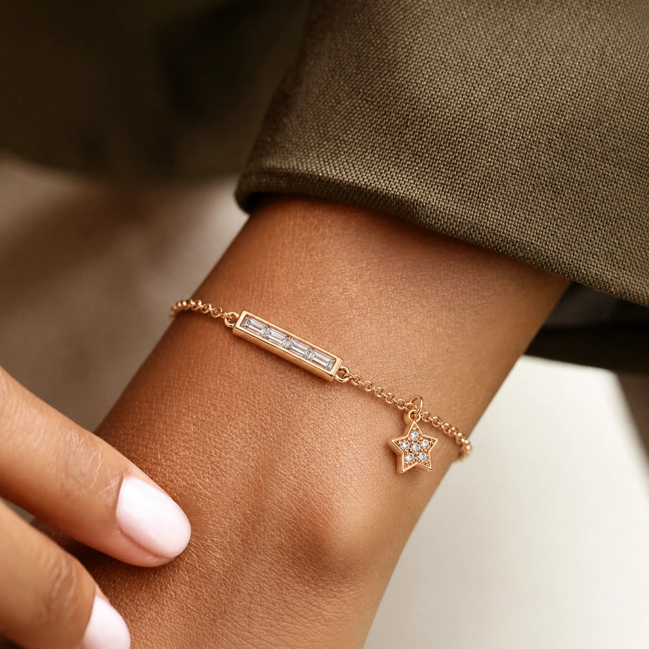 Rose gold 925 sterling silver bar star charm bracelet for women