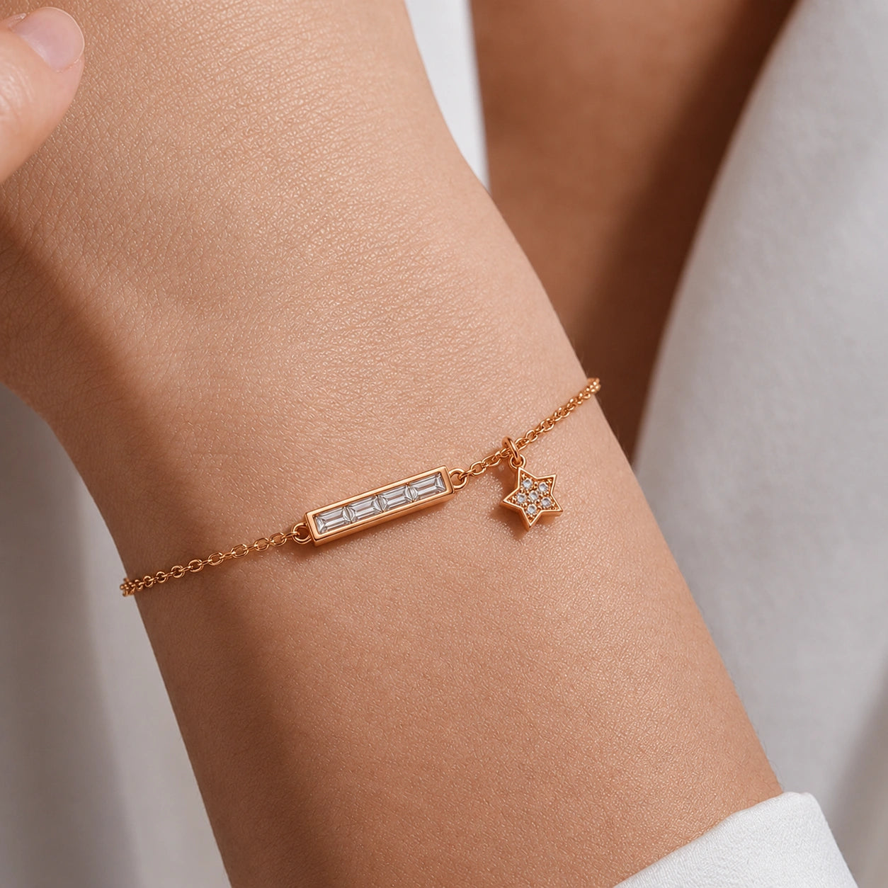 Rose gold 925 sterling silver bar star charm bracelet for women