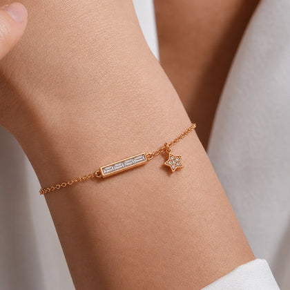 Rose gold 925 sterling silver bar star charm bracelet for women