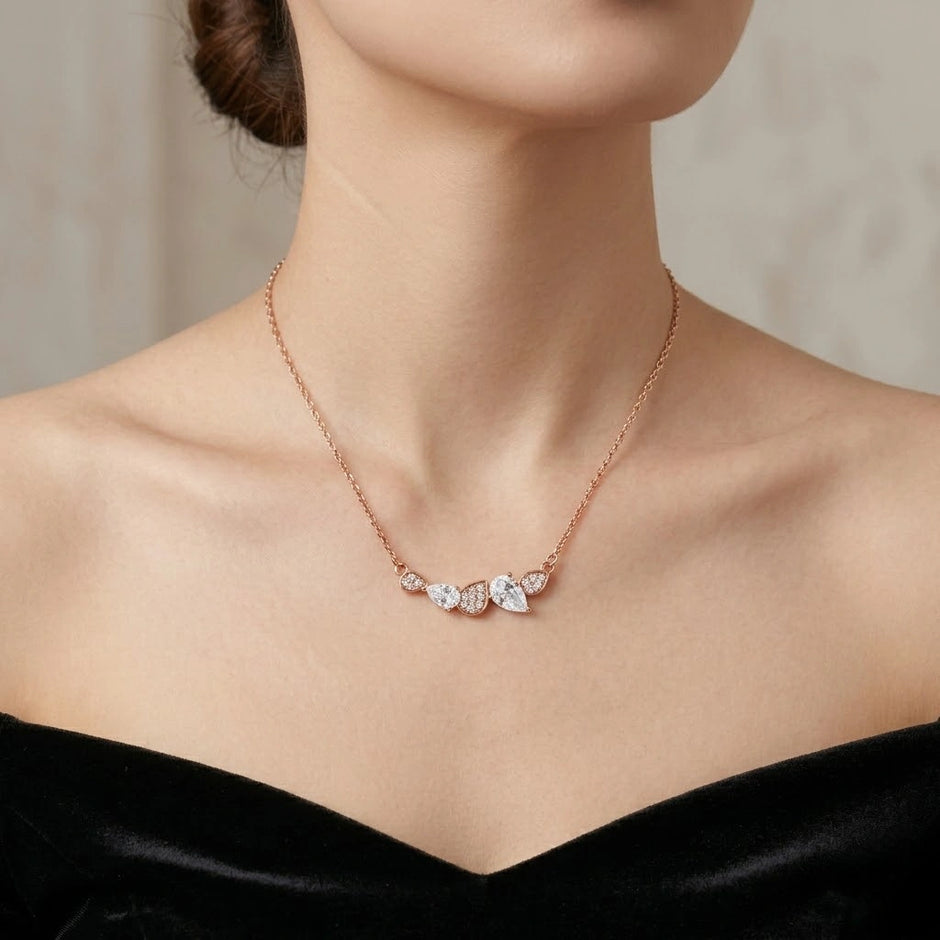 Rose Gold Round & Drop White Stone 925 Sterling Silver Pendant Chain for Women