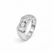 Silver ring with a round clear centre stone and a wide geometric band.