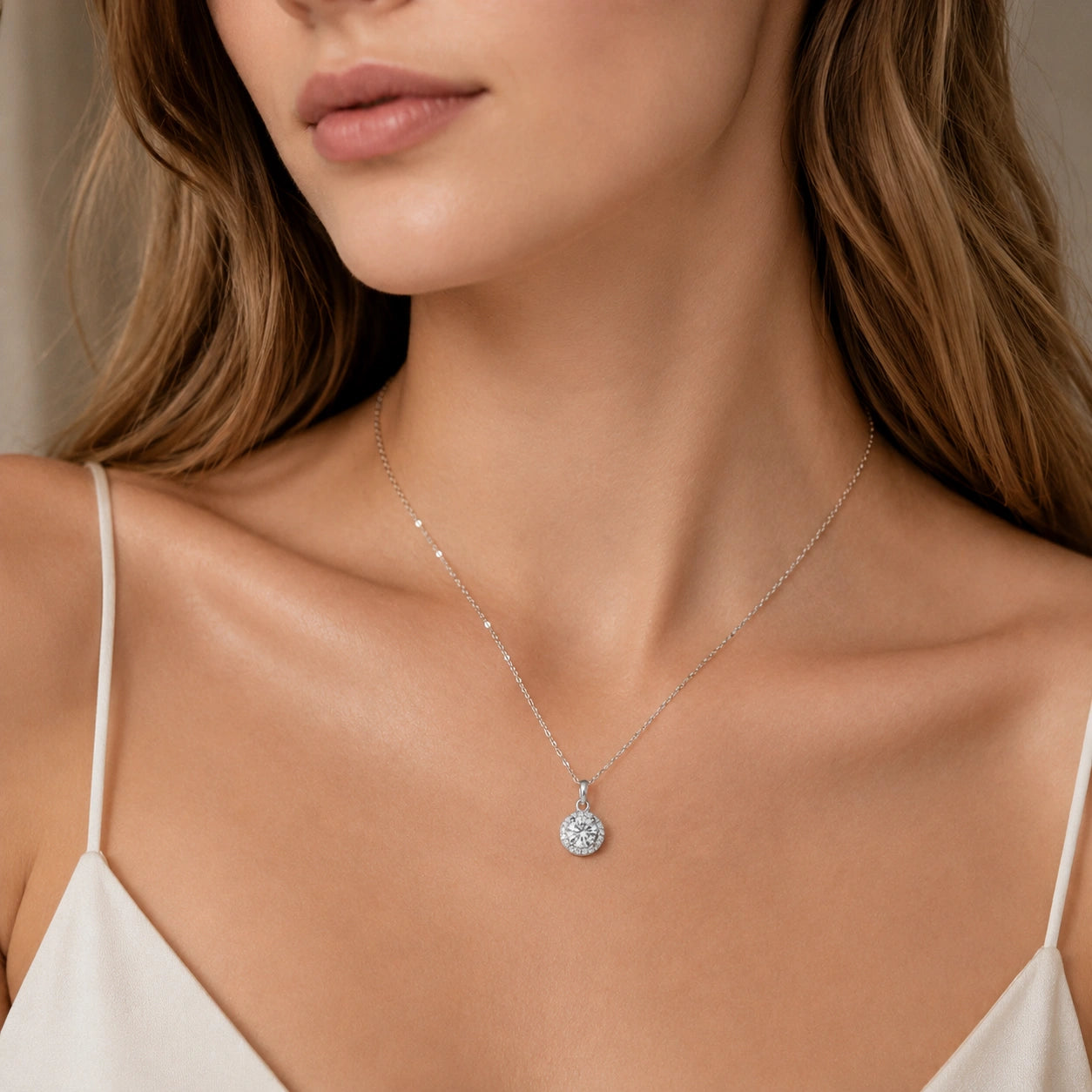 Round CZ 925 Sterling Silver Pendant Chain for Women