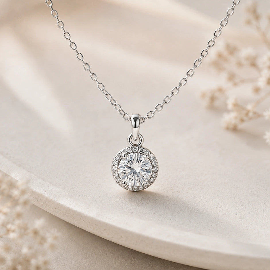 Round CZ 925 Sterling Silver Pendant Chain for Women