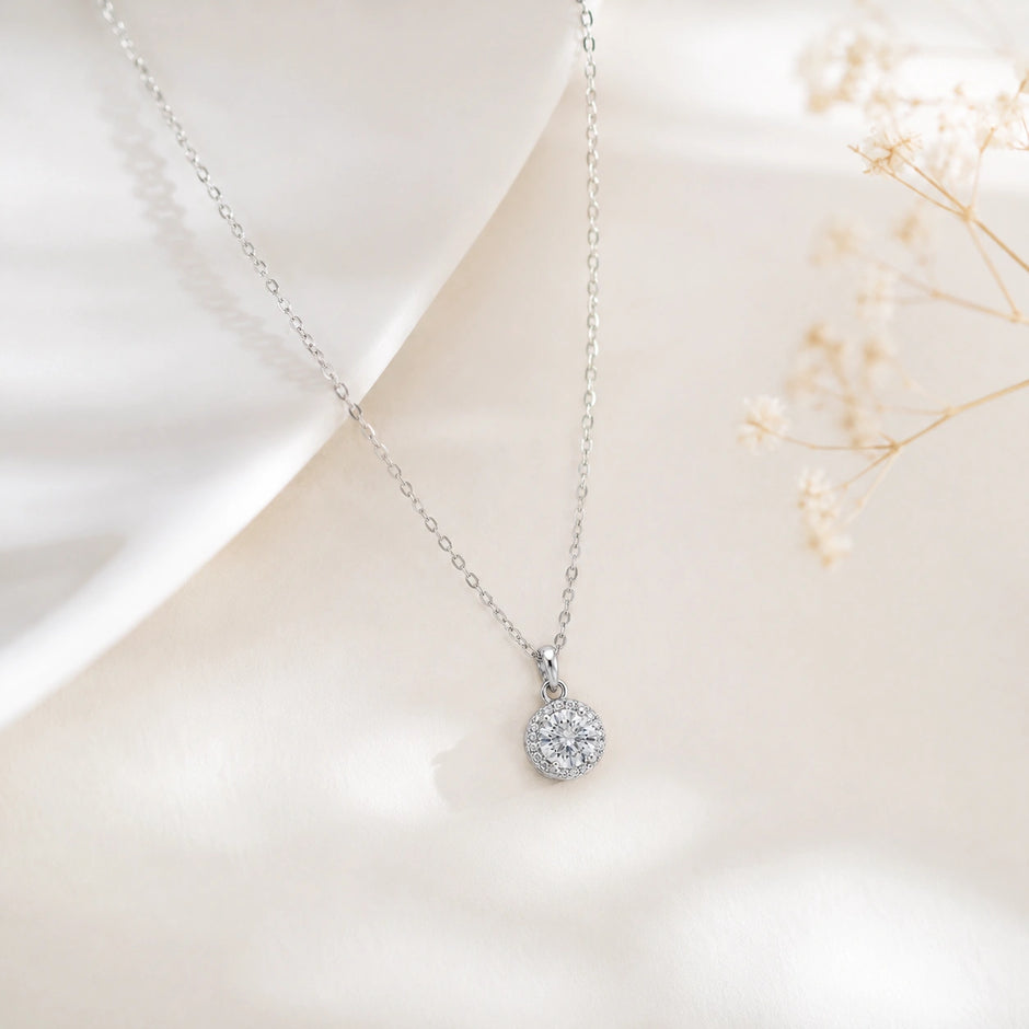 Round CZ 925 Sterling Silver Pendant Chain for Women