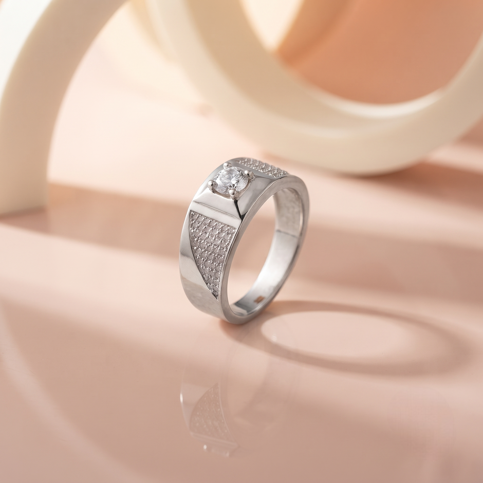 Round CZ Center 925 Sterling Silver Men’s Geometric Statement Ring