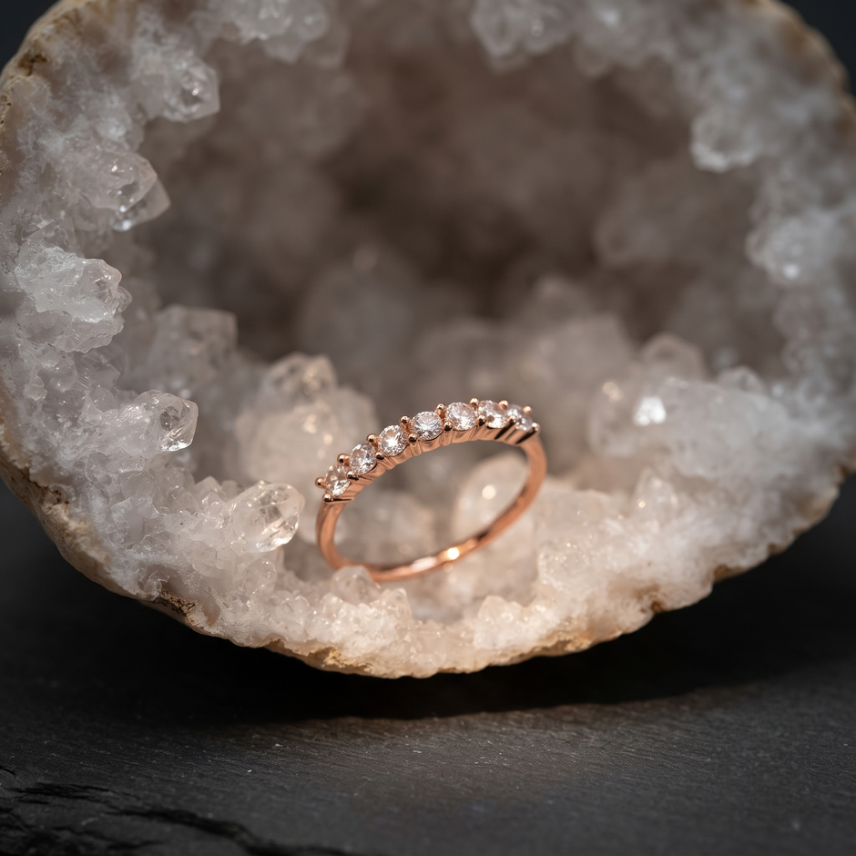 925 Sterling Silver Rose Gold Half Eternity CZ Band Ring on Gray Stone.