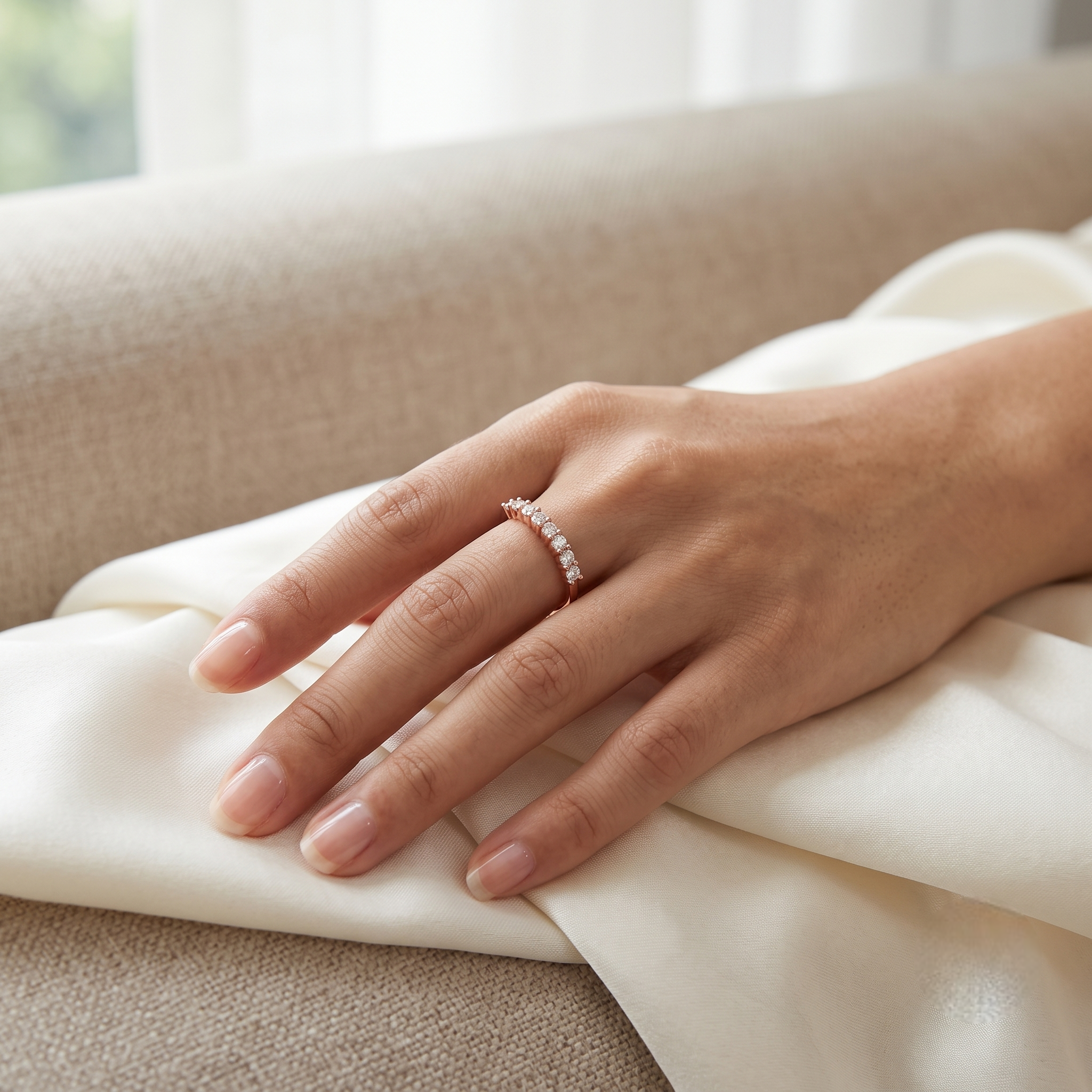 925 Sterling Silver Rose Gold Half Eternity CZ Band Ring on Gray Stone.