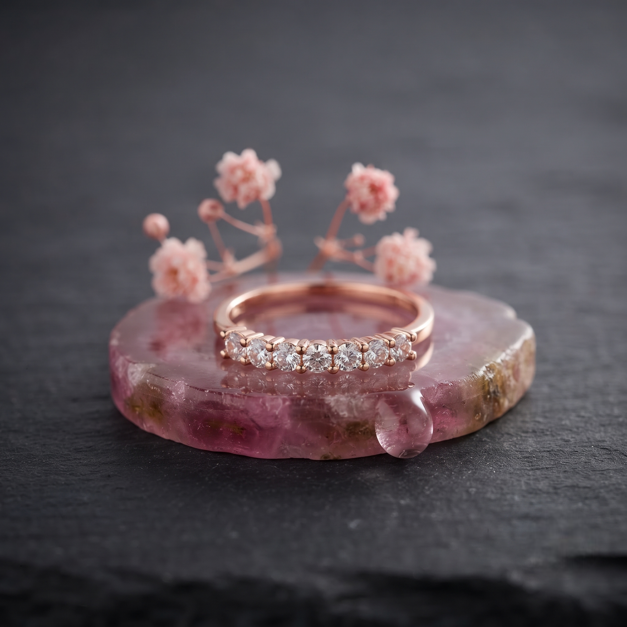 925 Sterling Silver Rose Gold Half Eternity CZ Band Ring on Gray Stone.