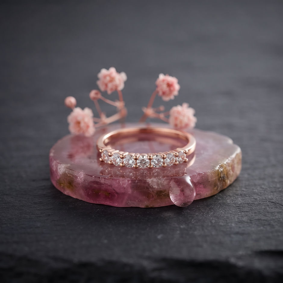 925 Sterling Silver Rose Gold Half Eternity CZ Band Ring on Gray Stone.