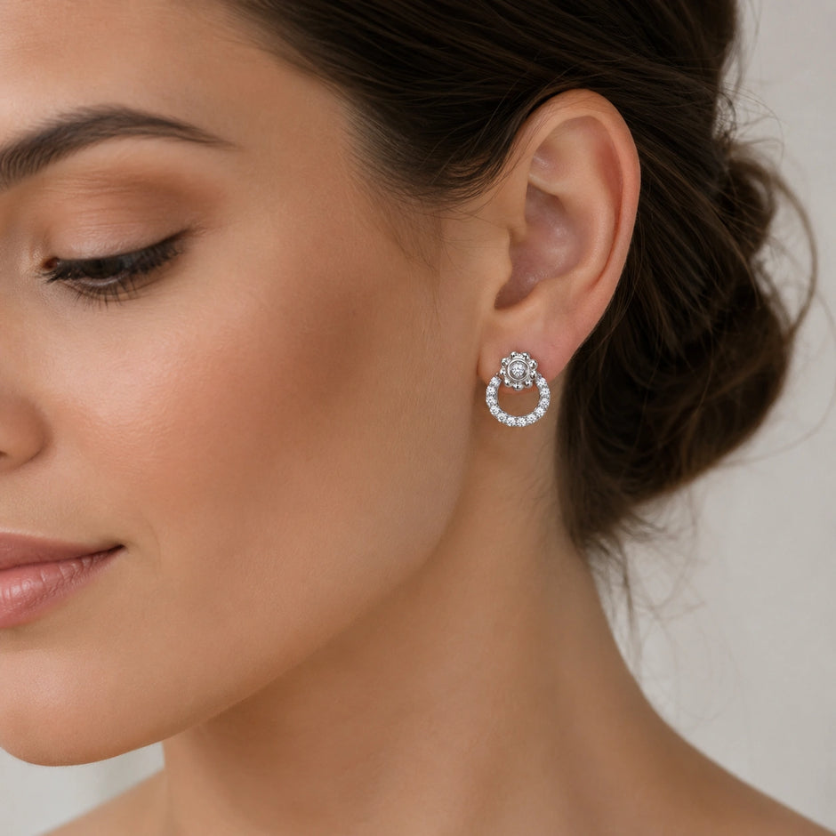 Round Circle Diamond 925 Sterling Silver Stud Earrings for Women