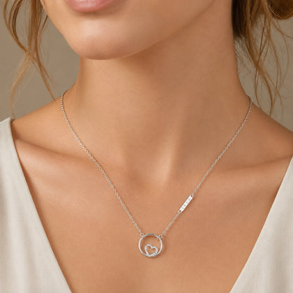 925 Sterling Silver Heart Circle Pendant Necklace for Women with CZ Heart Charm and Personalized Number Bar, Elegant Minimalist Jewelry