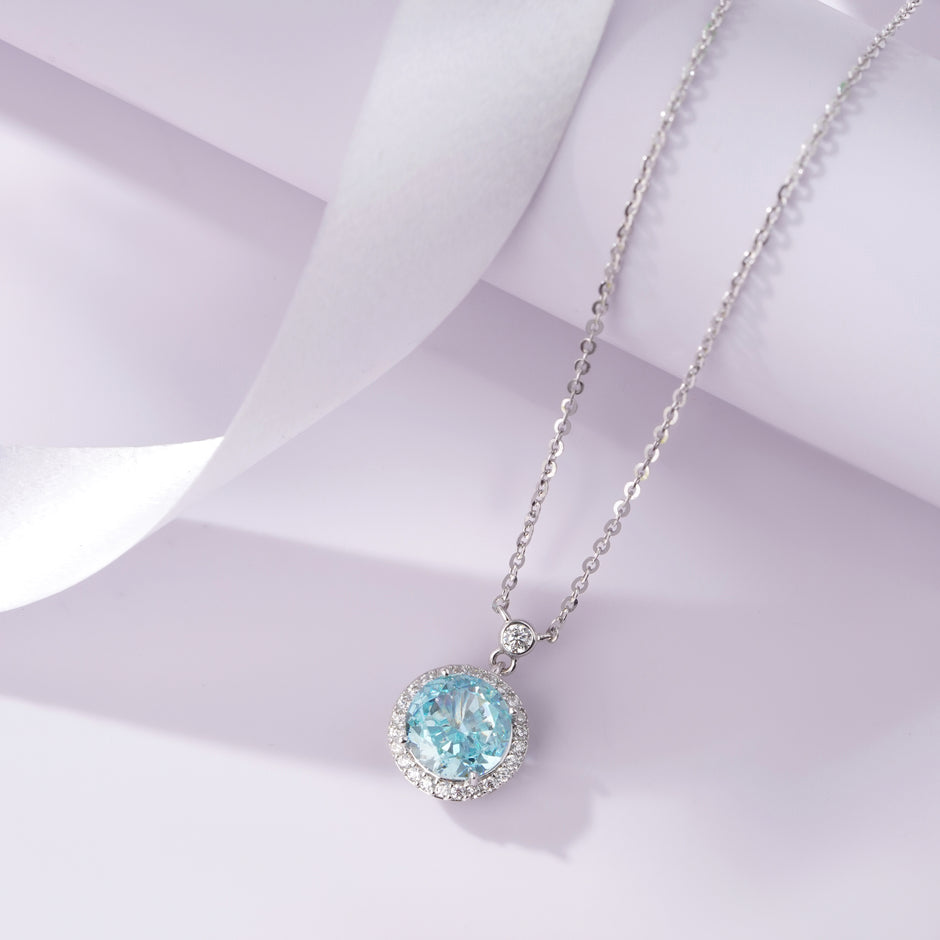 Round Cut Blue Stone 925 Silver Pendant Necklace