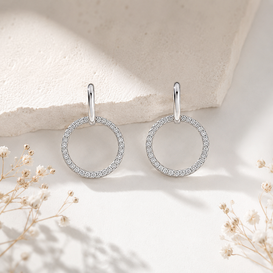 925 Sterling Silver Circle Drop Stud Earrings with Cubic Zirconia for Women