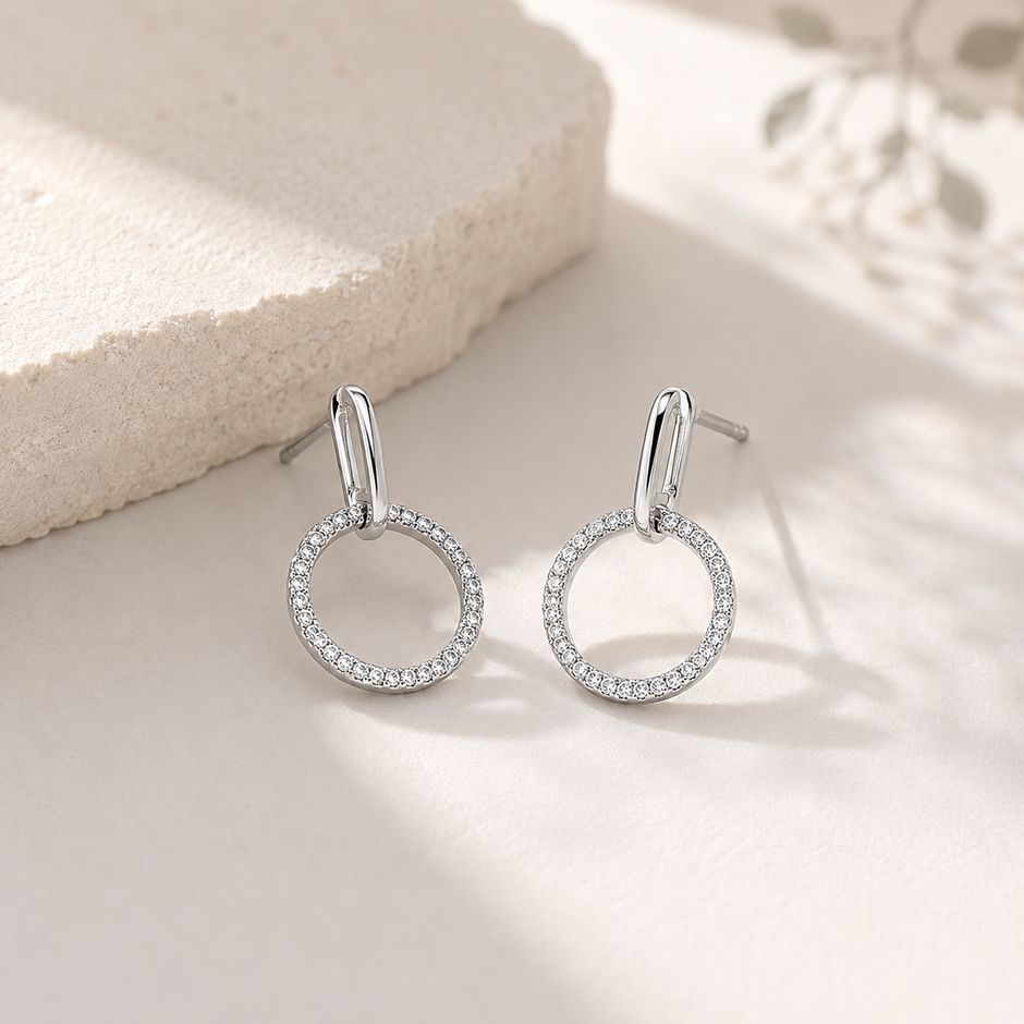 925 Sterling Silver Circle Drop Stud Earrings with Cubic Zirconia for Women