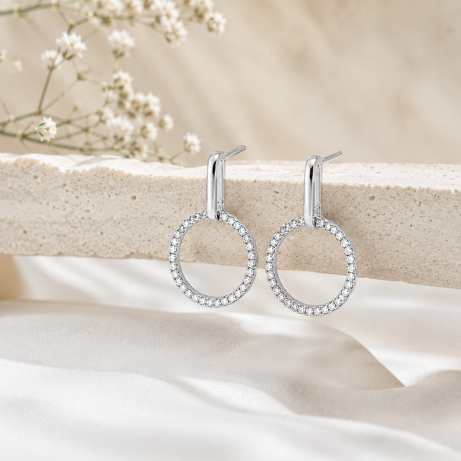 925 Sterling Silver Circle Drop Stud Earrings with Cubic Zirconia for Women