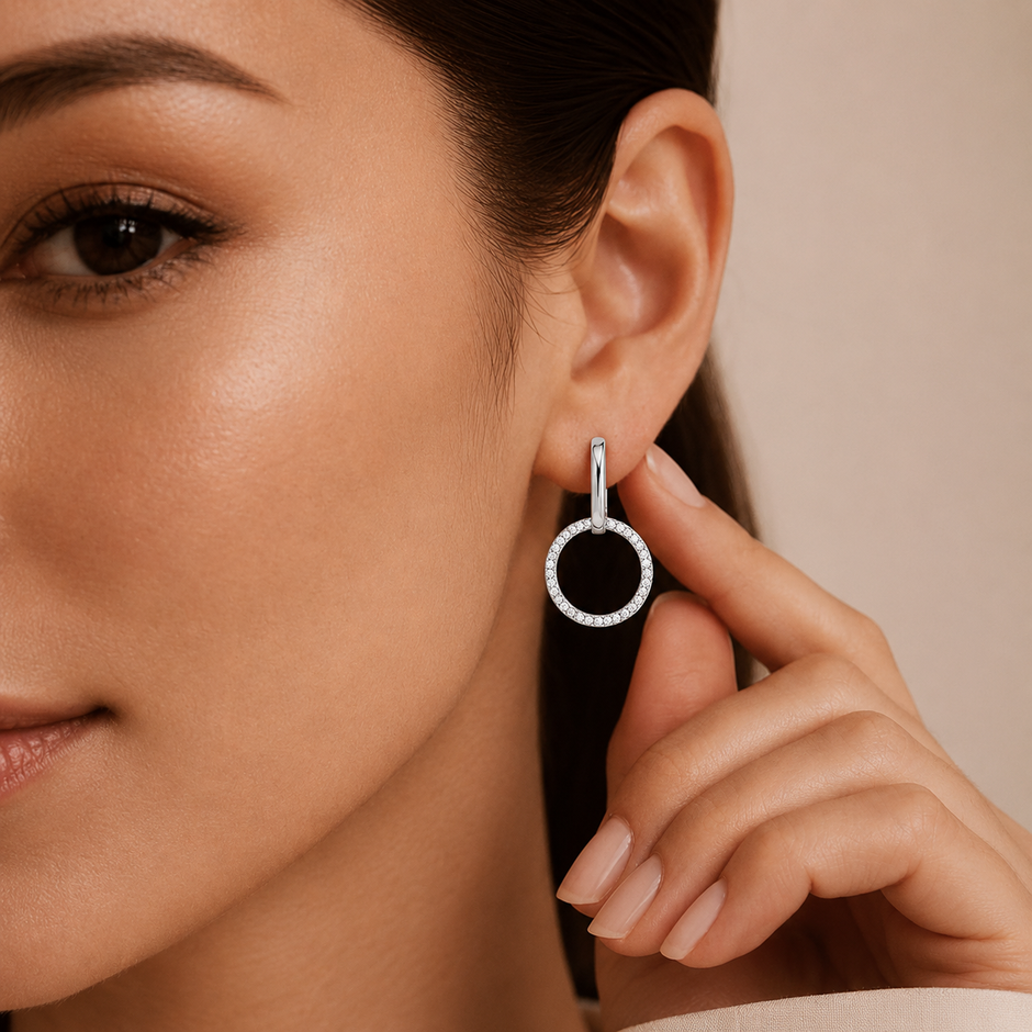 925 Sterling Silver Circle Drop Stud Earrings with Cubic Zirconia for Women