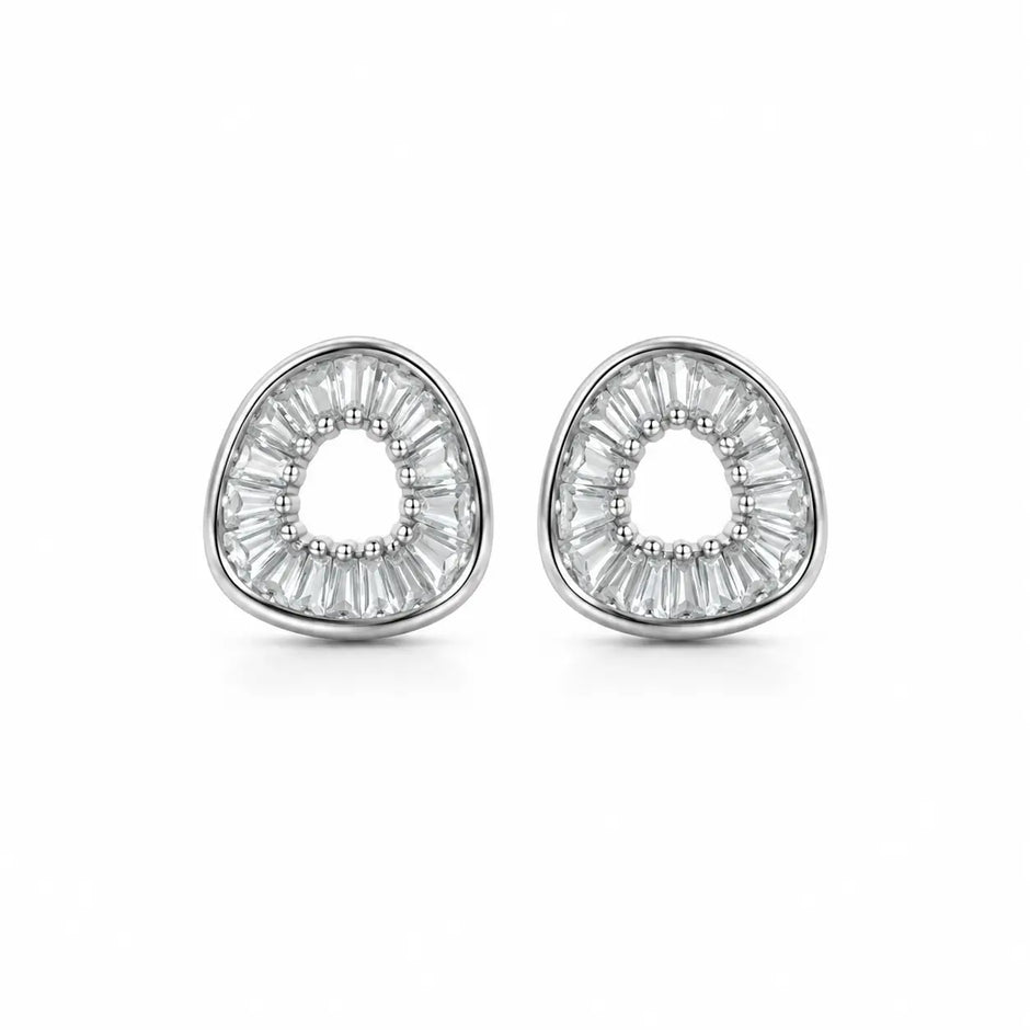 Round Open Circle Diamond Design 925 Sterling Silver Stud Earrings for Women