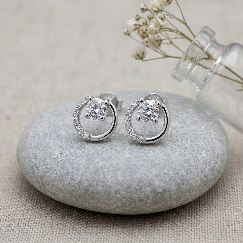 Round Solitaire Circle Diamond 925 Sterling Silver Stud Earrings for Women