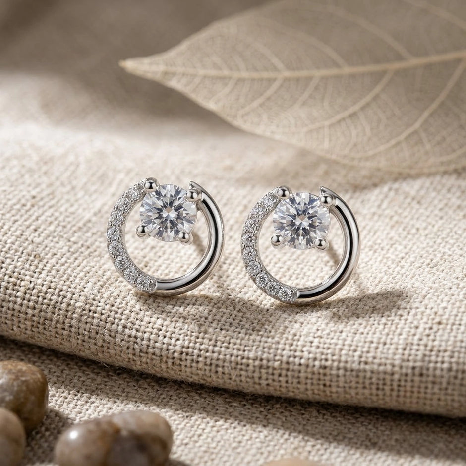 Round Solitaire Circle Diamond 925 Sterling Silver Stud Earrings for Women