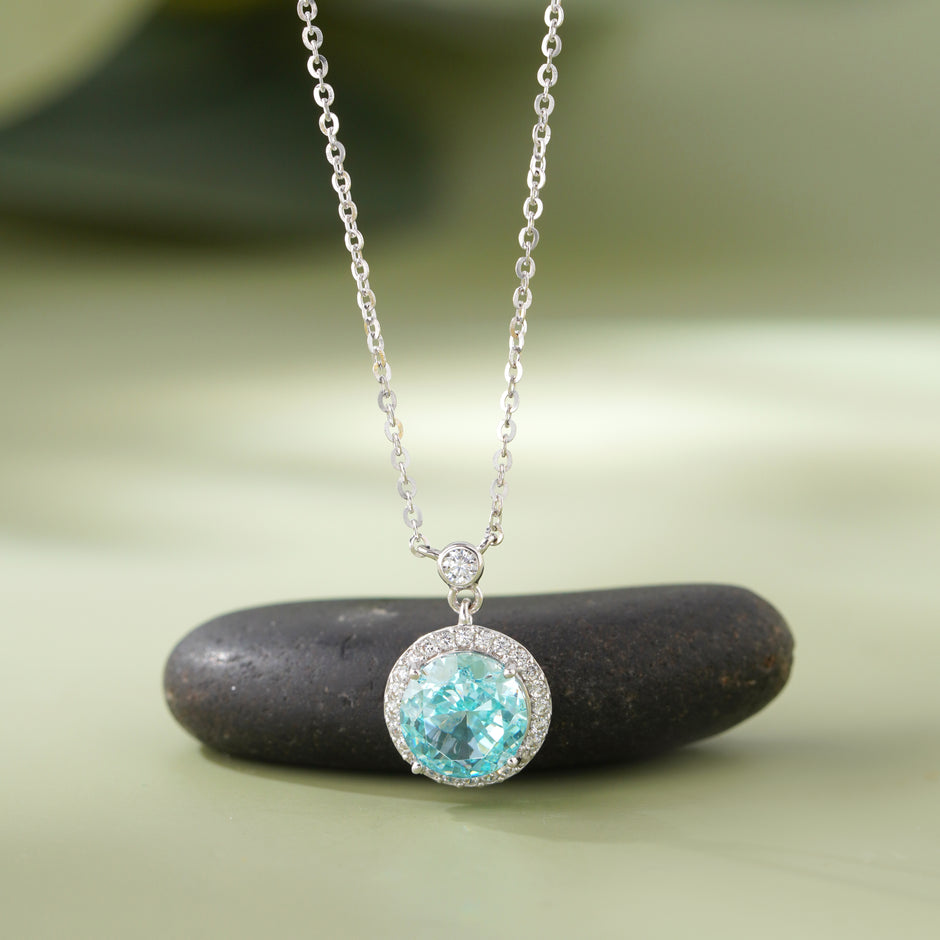 Round Cut Blue Stone 925 Silver Pendant Necklace
