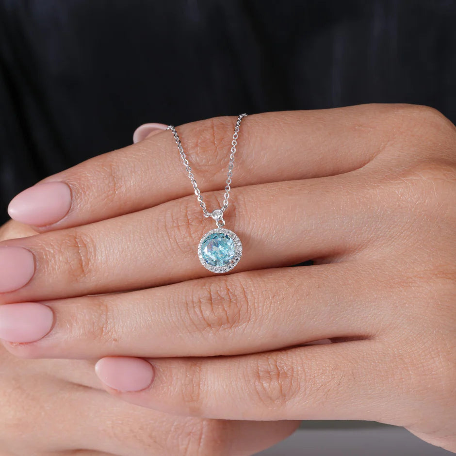 Round Cut Blue Stone 925 Silver Pendant Necklace
