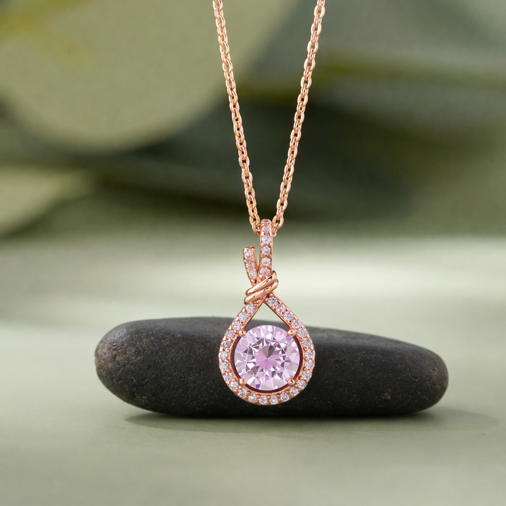 Round Pink Stone CZ 925 Silver Rose Gold Pendant Necklace