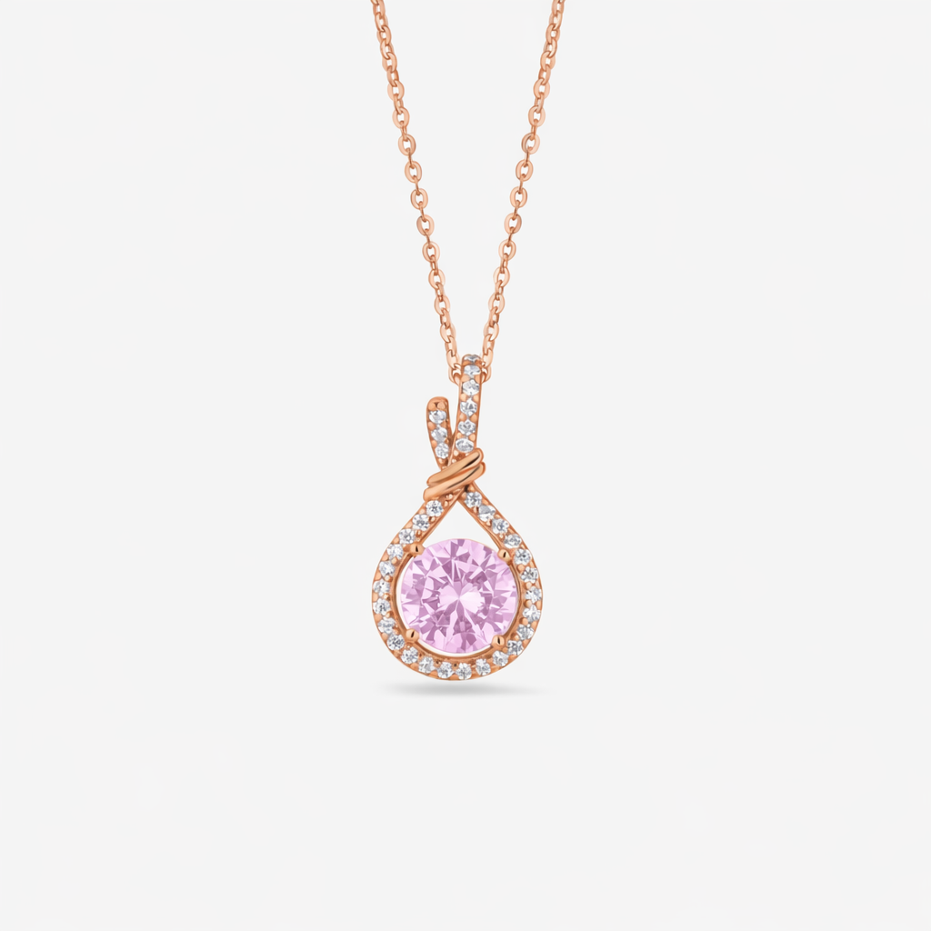Round Pink Stone CZ 925 Silver Rose Gold Pendant Necklace