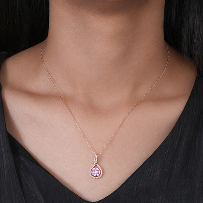 Round Pink Stone CZ 925 Silver Rose Gold Pendant Necklace