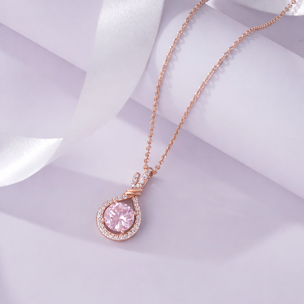 Round Pink Stone CZ 925 Silver Rose Gold Pendant Necklace