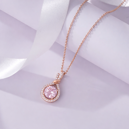 Round Pink Stone CZ 925 Silver Rose Gold Pendant Necklace