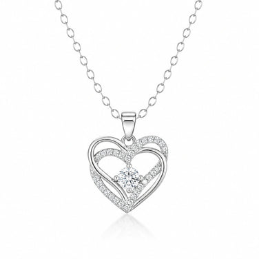 925 Sterling Silver Double Heart Necklace for Women with Sparkling Cubic Zirconia Open Heart Pendant and Round Center Stone