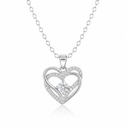 925 Sterling Silver Double Heart Necklace for Women with Sparkling Cubic Zirconia Open Heart Pendant and Round Center Stone
